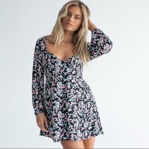 Princess Polly Kassie Long Sleeve Mini Dress in Black Floral Size 6